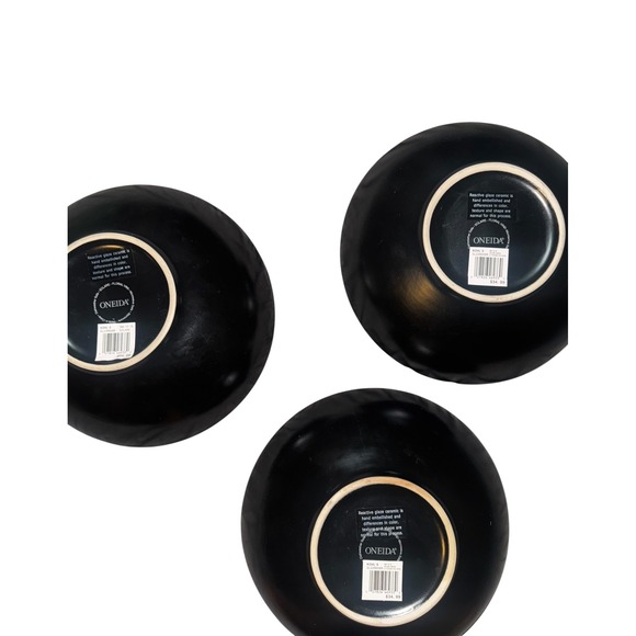 Oneida Reactive Glaze Ceramic Bowls Green Black Vine Pattern Set of‎ 3 - Picture 3 of 4
